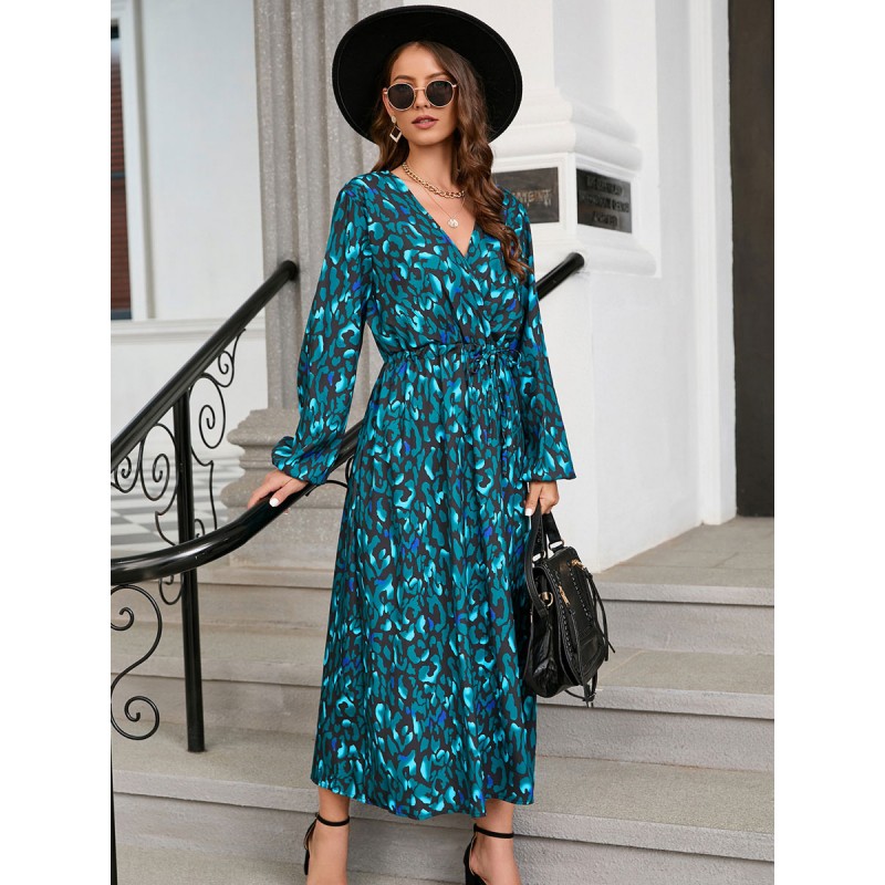 Women Leopard Print Lace Up Layered Casual V-Neck Long Sleeves Midi Dress Maxi Spring Fall