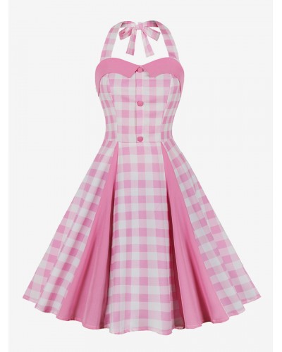 Women Barbie Pink Gingham Vintage Dress 1950s Midi Halter Dress Bodycon Street Wear Daily Casual Dating