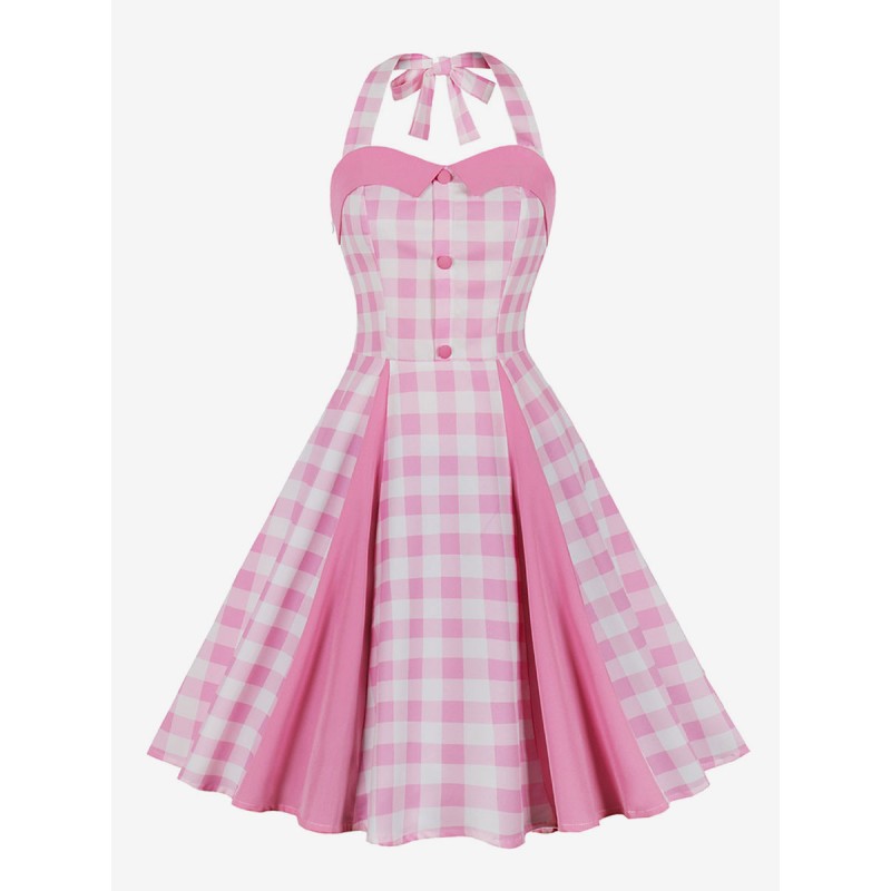 Women Barbie Pink Gingham Vintage Dress 1950s Midi Halter Dress Bodycon Street Wear Daily Casual Dating