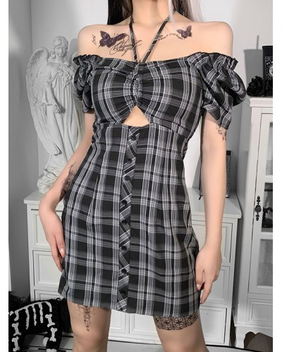 Women Midi Dress Black Pleated Cotton Plaid Pattern Short Sleeves Summer Dress Gothic Holiday Ball Cosplay