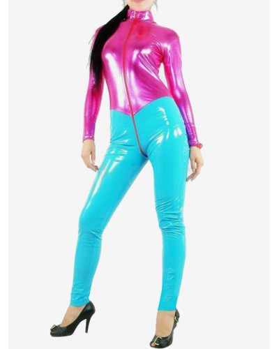 Halloween Fushcia And Sky Blue PVC Shiny Metallic Catsuit Bodysuit Patterned