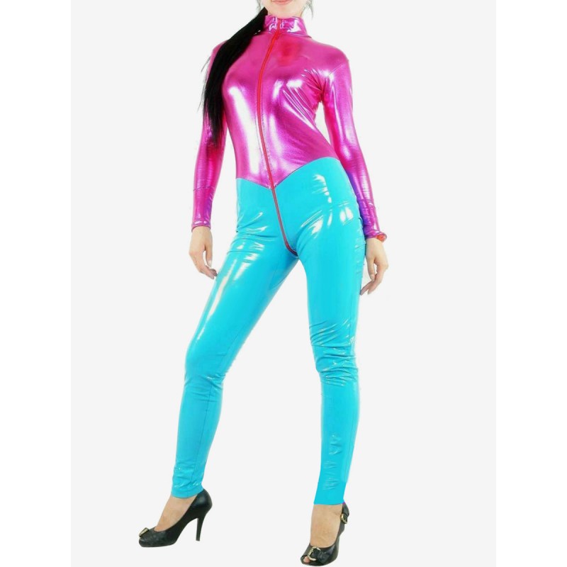 Halloween Fushcia And Sky Blue PVC Shiny Metallic Catsuit Bodysuit Patterned