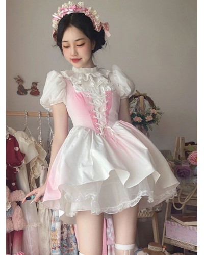 Sweet Lolita Dress Polyester Short Sleeves Ruffles Dress