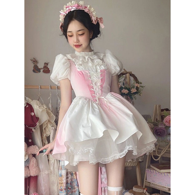 Sweet Lolita Dress Polyester Short Sleeves Ruffles Dress