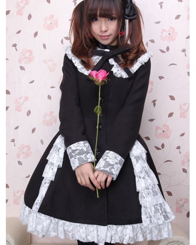 Classic Lolita Overcoat Lace Ruffle Bow Wool Black Lolita Winter Coat Sets Daily Casual Tea Party