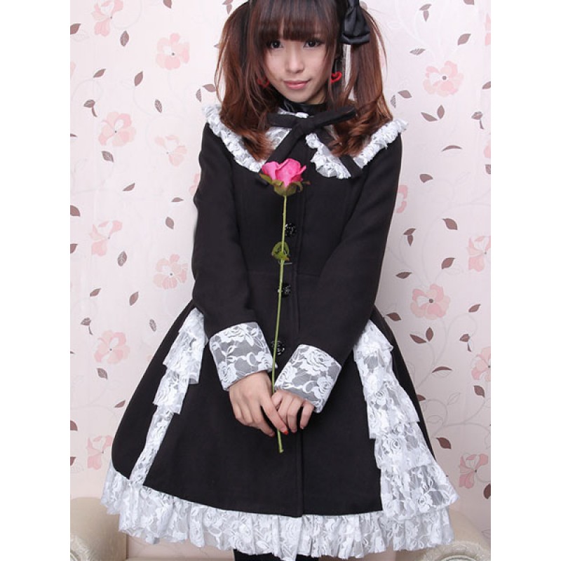 Classic Lolita Overcoat Lace Ruffle Bow Wool Black Lolita Winter Coat Sets Daily Casual Tea Party