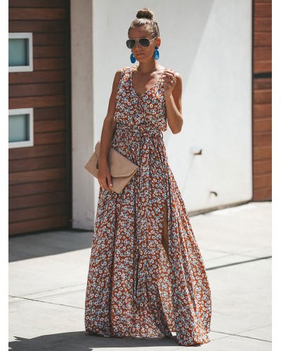 Women Floral Dress Sleeveless V Neck Split Dress Maxi Bohemian Summer