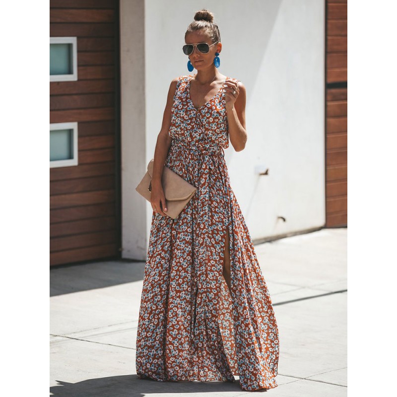 Women Floral Dress Sleeveless V Neck Split Dress Maxi Bohemian Summer