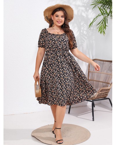 Plus Size Dress For Women Square Neck Short Sleeves Floral Print Medium One Piece Dress Summer Rave Club Resort Wear