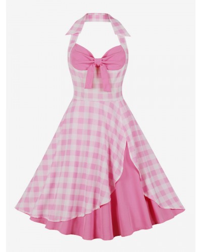 Women Barbie Pink Gingham Dress 1950s Audrey Hepburn Halter Vintage Dress Bodycon Street Wear Daily Casual Dating