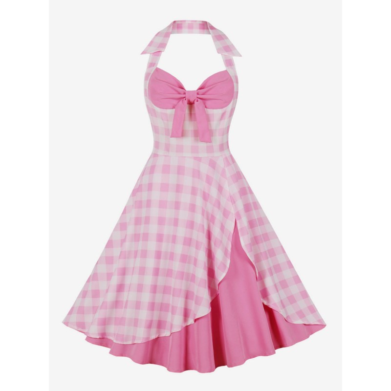 Women Barbie Pink Gingham Dress 1950s Audrey Hepburn Halter Vintage Dress Bodycon Street Wear Daily Casual Dating