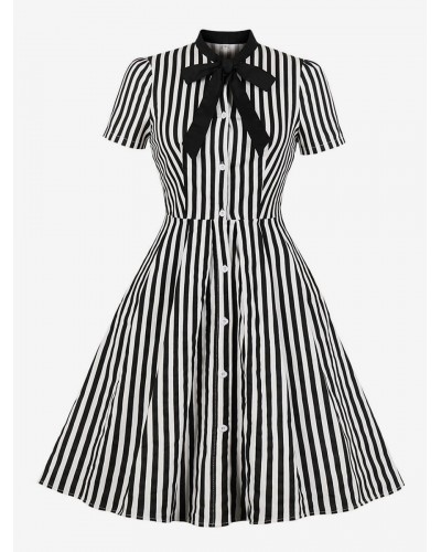 Dress 1950s Stripe Bow Tie Short Sleeves Women Swing Retro Dress Vintage Summer