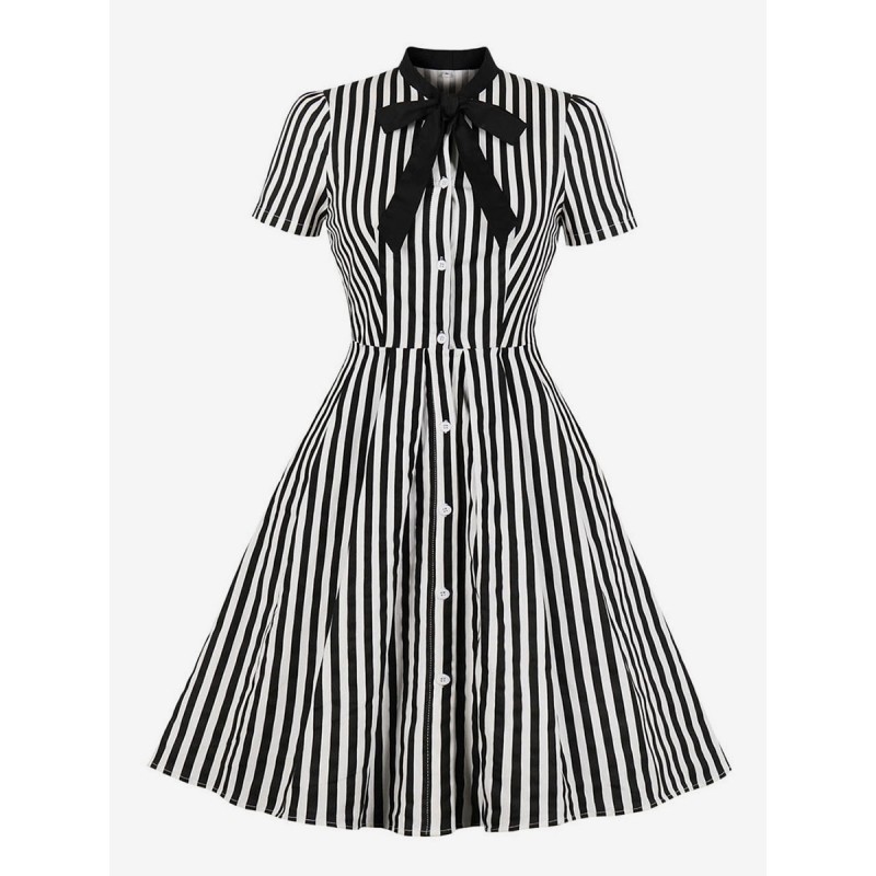 Dress 1950s Stripe Bow Tie Short Sleeves Women Swing Retro Dress Vintage Summer