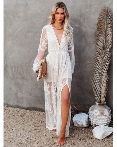 Women Maxi Dress V-Neck Half Sleeves Lace Long Dress Bohemian Fall