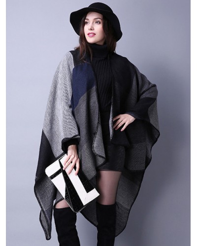 Women Poncho Color Block Black Poncho Irregular Warmth-Preservation Oversized Piping Cape Poncho  Cape Fall Winter Field Street Wear Indoor