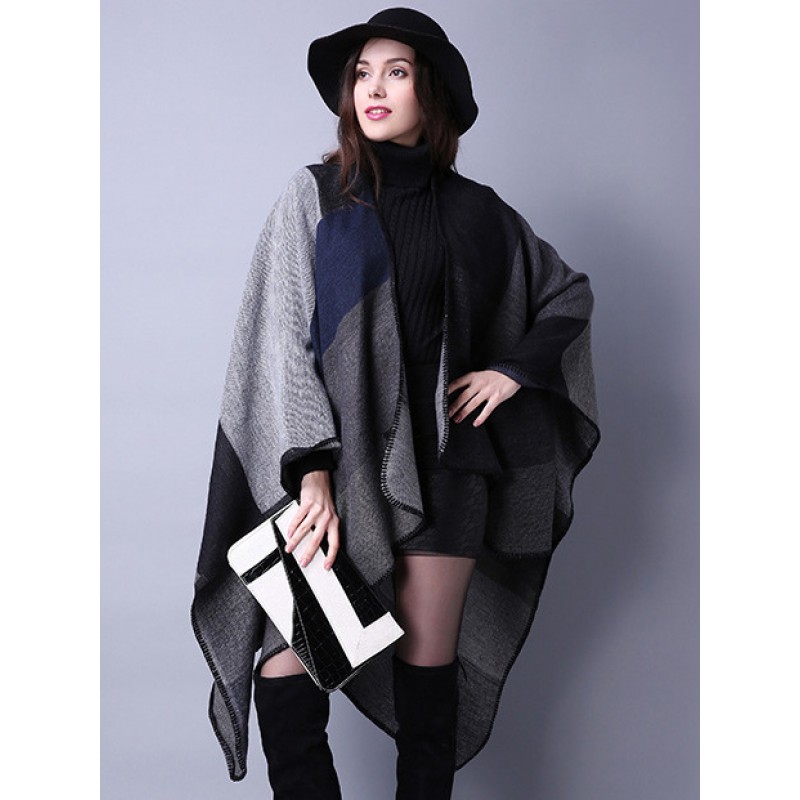 Women Poncho Color Block Black Poncho Irregular Warmth-Preservation Oversized Piping Cape Poncho  Cape Fall Winter Field Street Wear Indoor