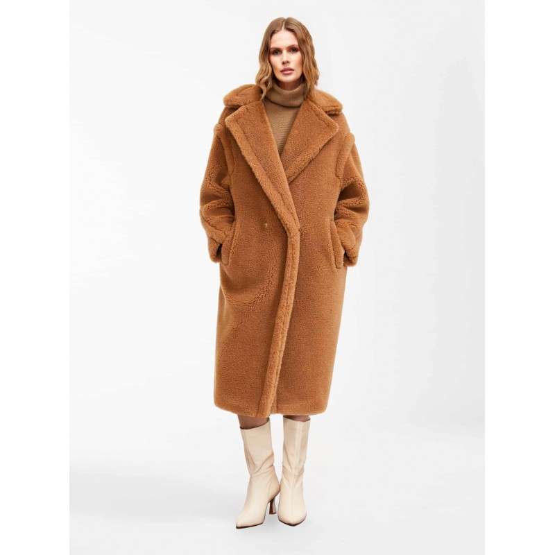 Faux Fur Coats Khaki No Waistline Long Sleeves Front Button Women Coat Faux Fur Coat