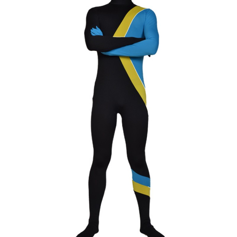 Black Yellow Blue Lycra Zentai Men's Suit