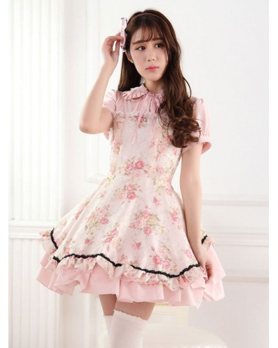 Classic Lolita One Piece Dress Lace Up Ruffles Pink Printed Lolita One Piece Dresses Daily Casual