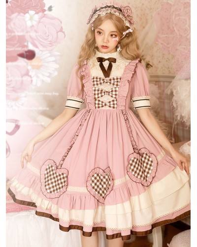 Sweet Lolita OP Dress Pink Ruffles Polyester Short Sleeves Lolita One Piece Dress