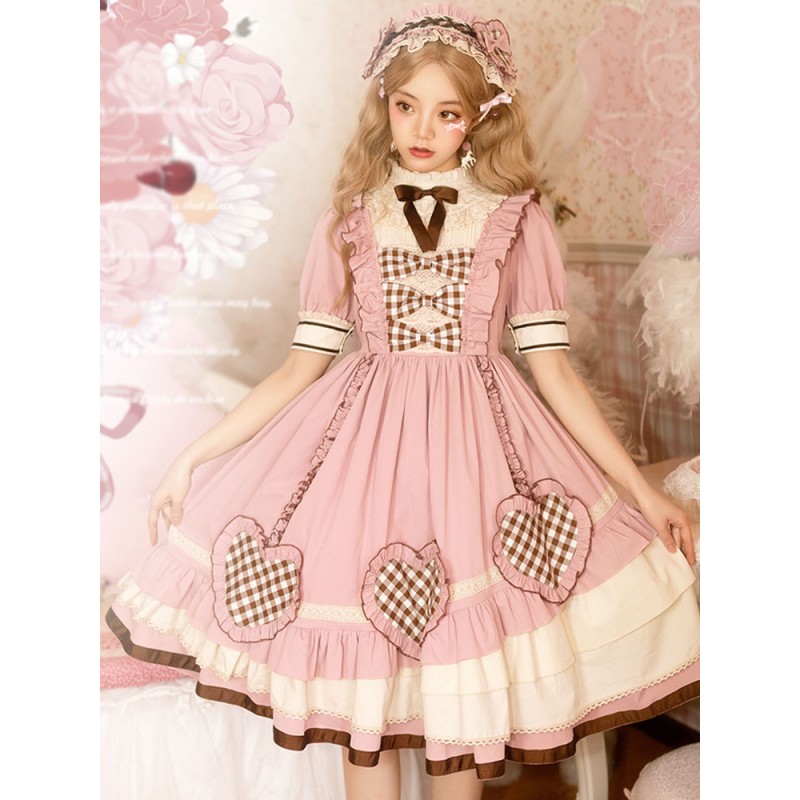 Sweet Lolita OP Dress Pink Ruffles Polyester Short Sleeves Lolita One Piece Dress