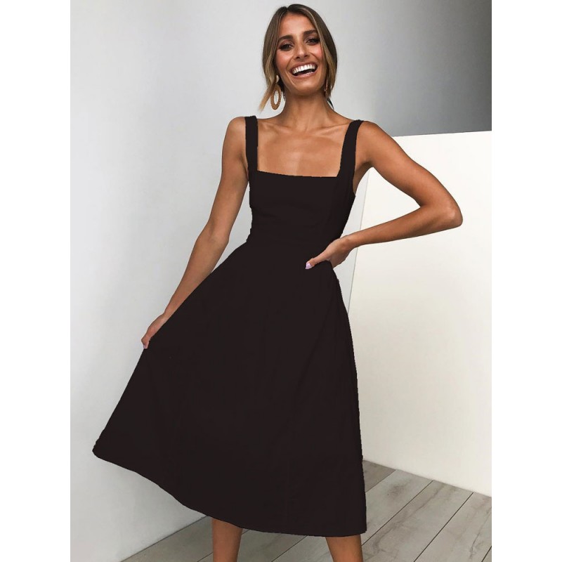 Women Long Dresses Sleeveless Straps Solid Casual Dress Summer