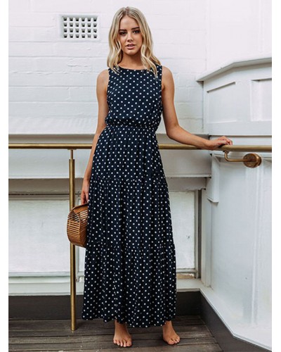 Summer Dresses Black Jewel Neck Polka Dot Beach Dress Maxi Daily Casual