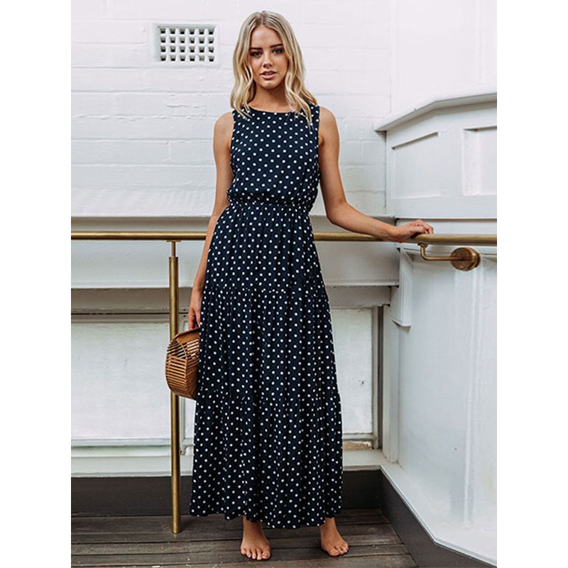 Summer Dresses Black Jewel Neck Polka Dot Beach Dress Maxi Daily Casual