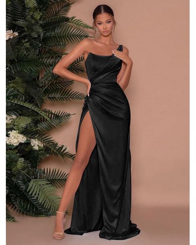 Women Birthday Long Prom Dress One-Shoulder High-slit Sexy Semi Formal Party Dress Maxi Spring Summer