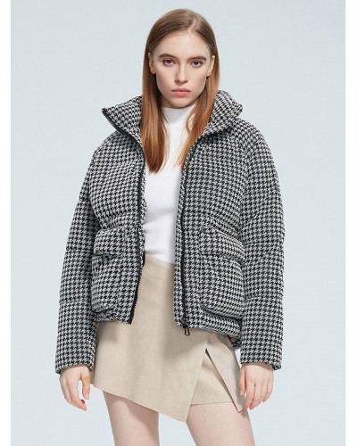 Houndstooth Short Coats Stand Collar Zipper Pockets Winter Outerwear Quilted Coat