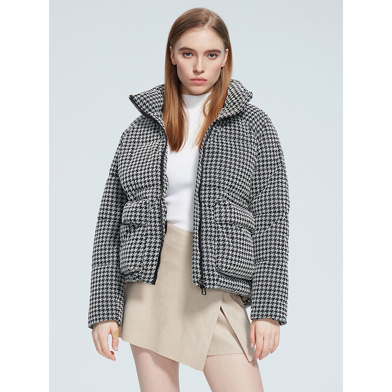 Houndstooth Short Coats Stand Collar Zipper Pockets Winter Outerwear Quilted Coat