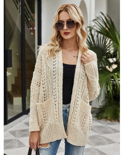 Women Knitted Cardigans Ecru White Long Sleeves Solid Color Open Front Relaxed Fit Spring Fall Street Outerwear Casual Street Wear Field