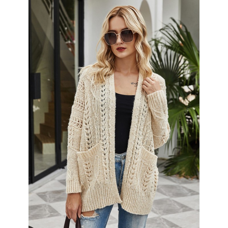 Women Knitted Cardigans Ecru White Long Sleeves Solid Color Open Front Relaxed Fit Spring Fall Street Outerwear Casual Street Wear Field