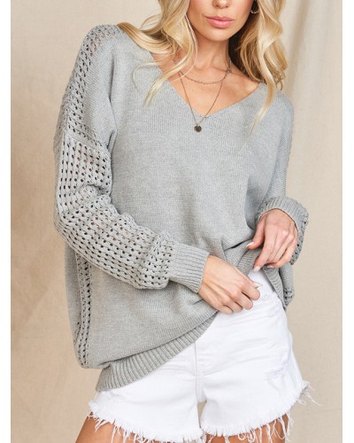 Women Pullovers Gray V-Neck Long Sleeves Acrylic Sweaters Casual Spring Fall Winter