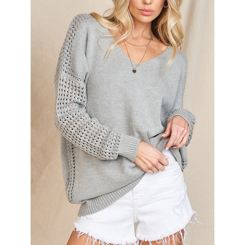 Women Pullovers Gray V-Neck Long Sleeves Acrylic Sweaters Casual Spring Fall Winter