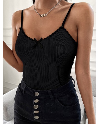 Women Sexy Cami Top Straps Neck Spaghetti Straps Sleeveless Bows Black Summer Tops