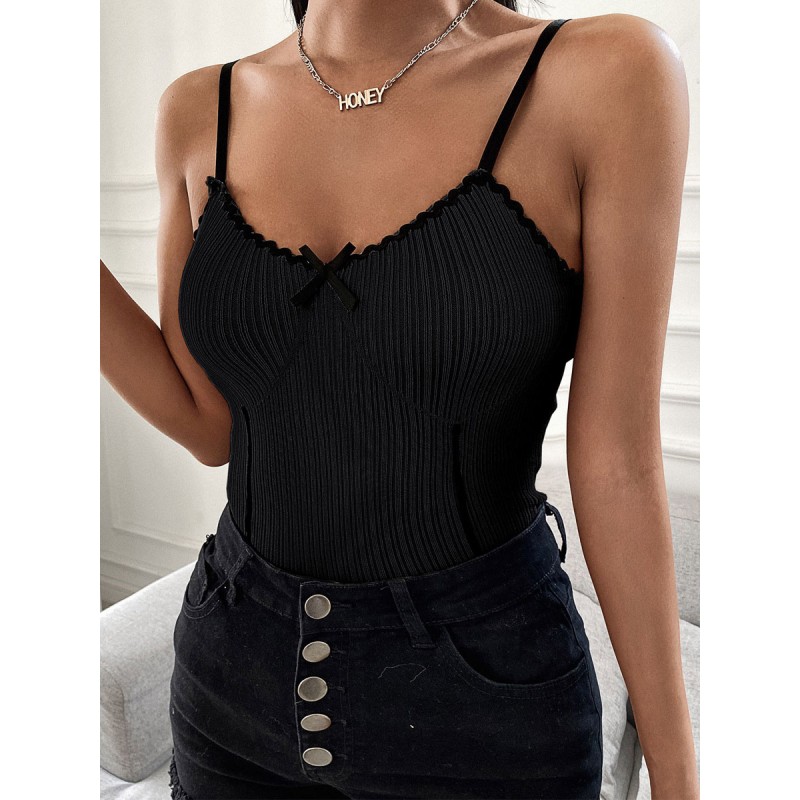 Women Sexy Cami Top Straps Neck Spaghetti Straps Sleeveless Bows Black Summer Tops