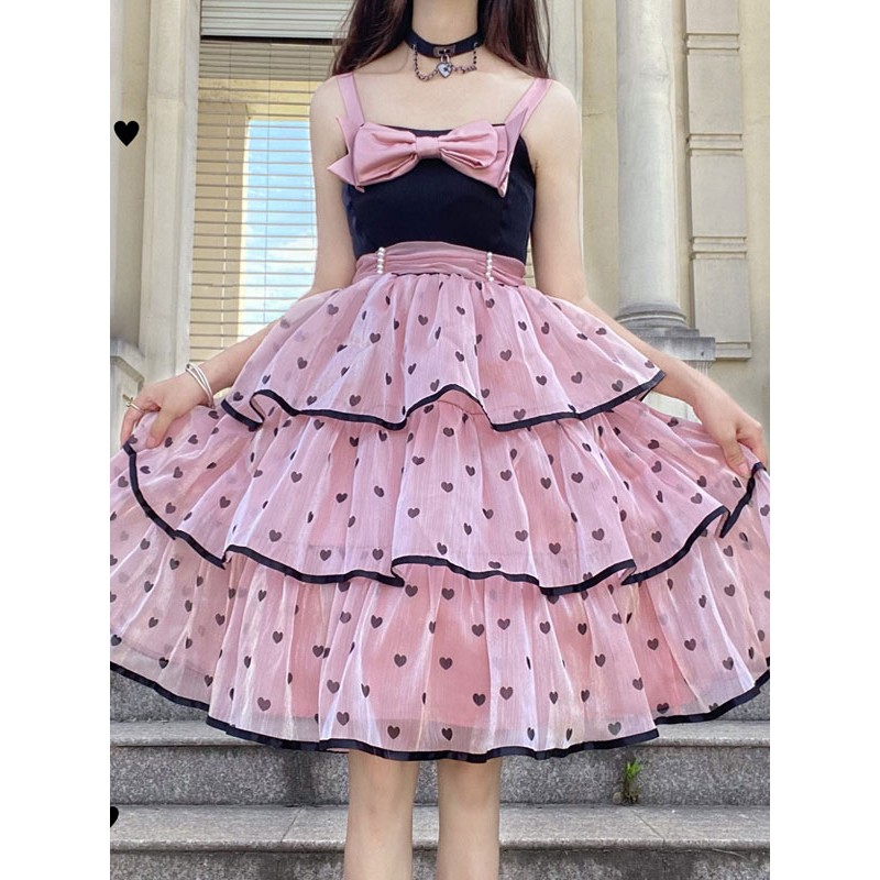 Sweet Lolita JSK Dress Polyester Sleeveless Bows Tiered Pink Lolita Jumper Skirt