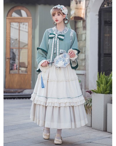 Chinese Style Lolita Outfits Light Green Bow Lace Lace Long Sleeves Skirt Top Sets Chinese Style Daily Casual Tea Party