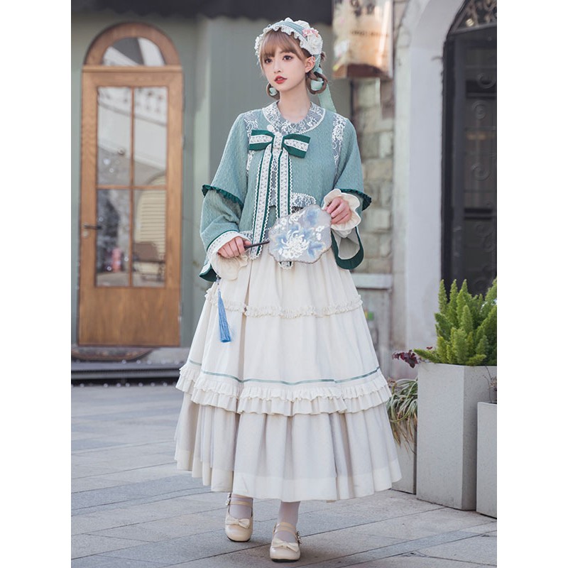 Chinese Style Lolita Outfits Light Green Bow Lace Lace Long Sleeves Skirt Top Sets Chinese Style Daily Casual Tea Party