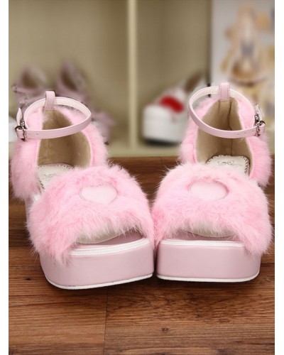 Sweet Pink Lolita Sandals Platform Fluffy Heart Shape Ankle Strap