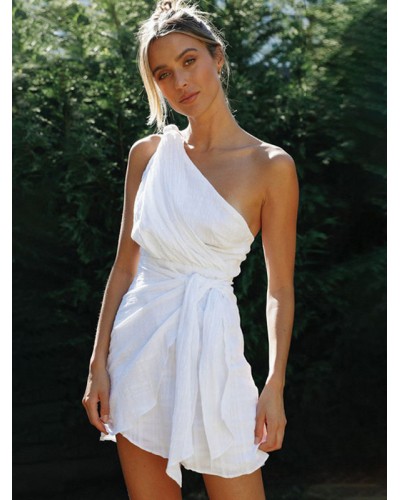 Mini Dresses White One-Shoulder Lace Up Beach Dress Summer Street Wear Daily Casual Resort Wear