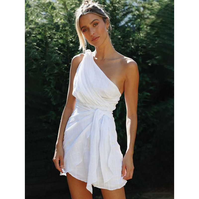 Mini Dresses White One-Shoulder Lace Up Beach Dress Summer Street Wear Daily Casual Resort Wear