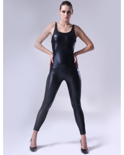 Women Sexy Black Sleeveless Shiny Metallic Fabric Catsuit 's Bodysuit Solid