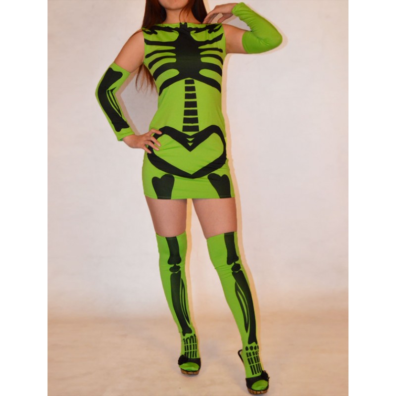 Green Human Skeleton Lycra Spandex Women's Catsuit