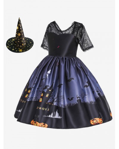 Carnival Cosplay Costumes For Kids Lace Pleated Print Black Dress For Child Holiday