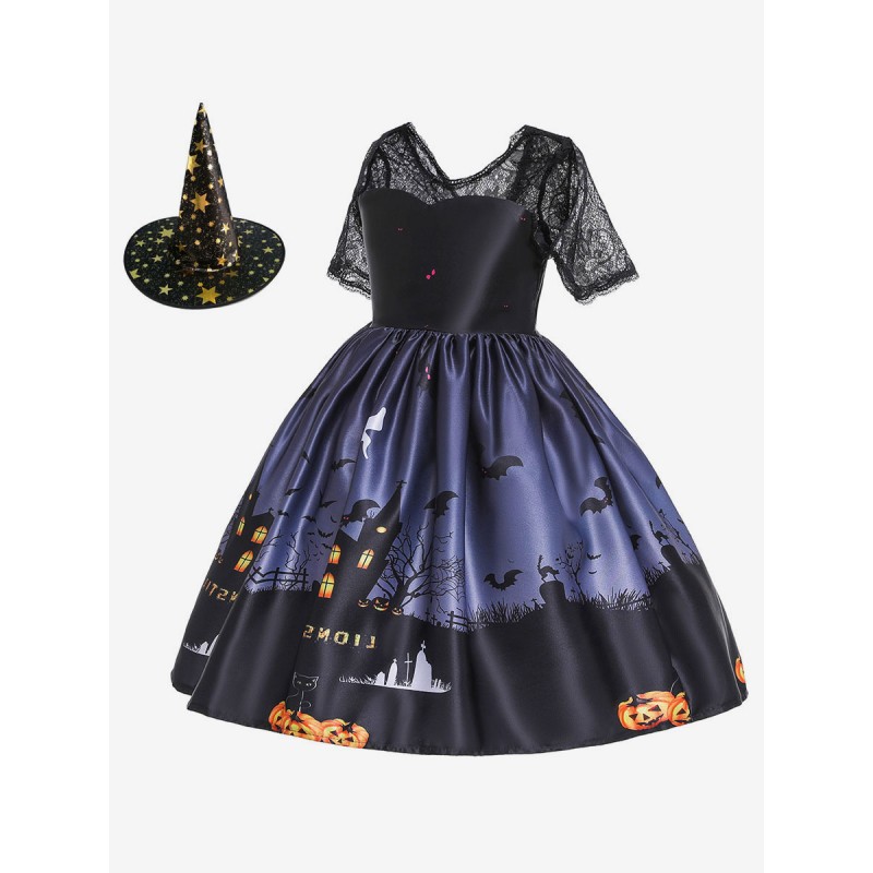 Carnival Cosplay Costumes For Kids Lace Pleated Print Black Dress For Child Holiday