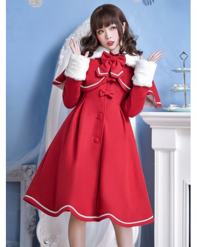 Sweet Lolita Overcoat Bow Pleated Wool Lolita Coat With Cape Winter