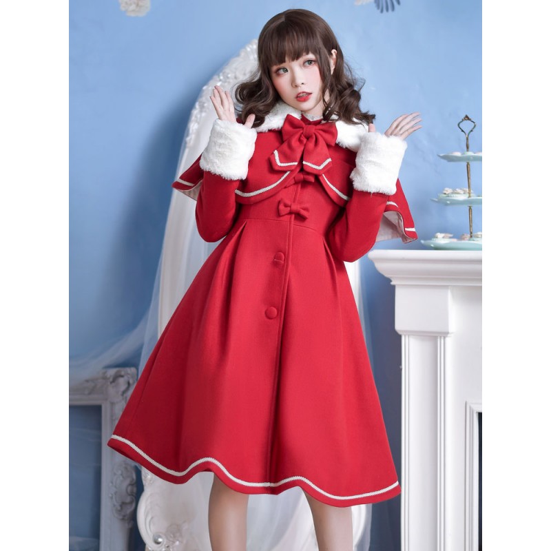 Sweet Lolita Overcoat Bow Pleated Wool Lolita Coat With Cape Winter