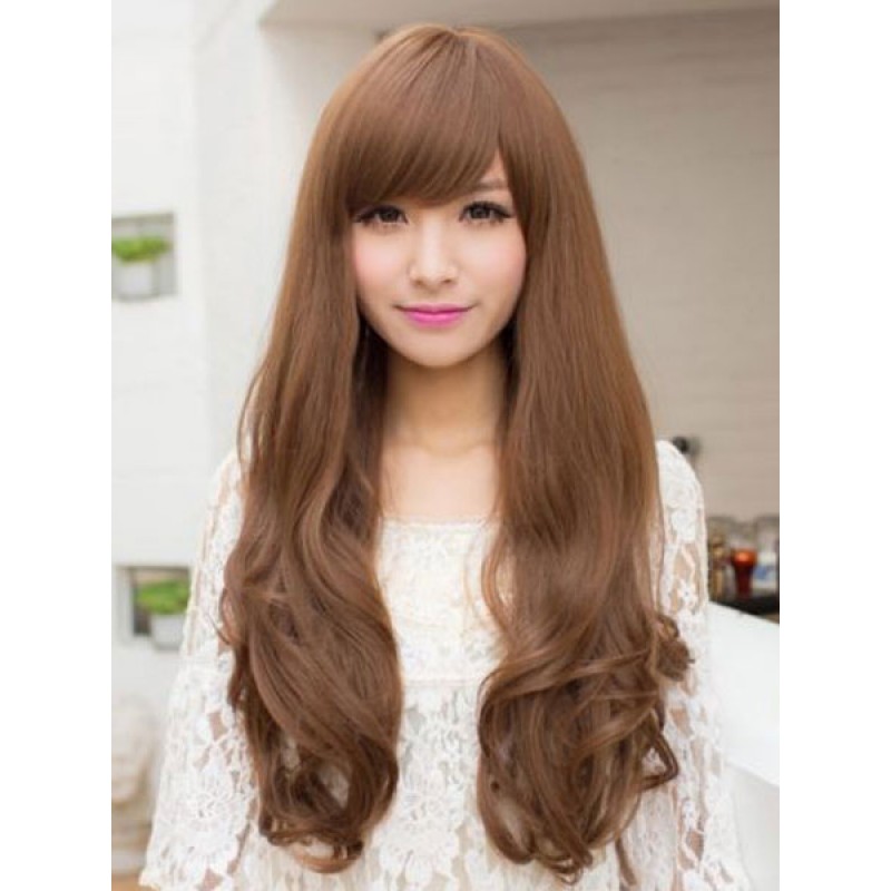 Sweet Brown Long Full Volume Curls Tousled Synthetic With Bangs For Women Wigs Daily Casual Holiday Pageant